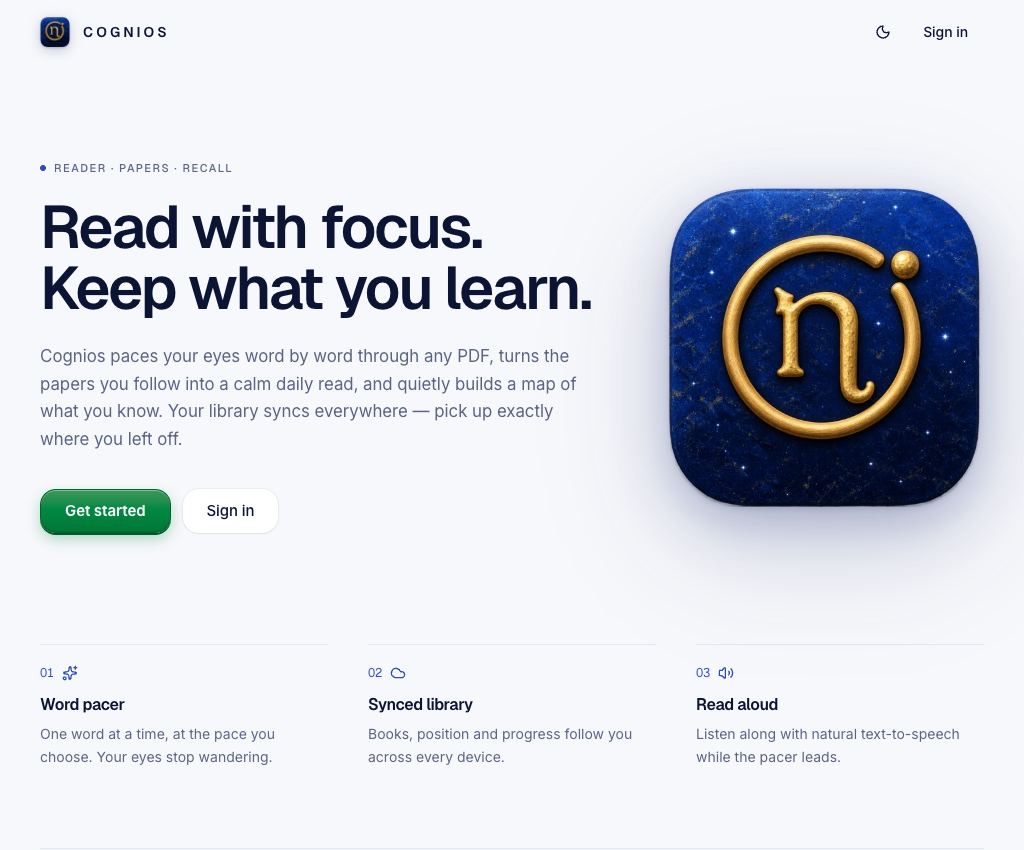 Cognios home page: Read with focus. Keep what you learn.